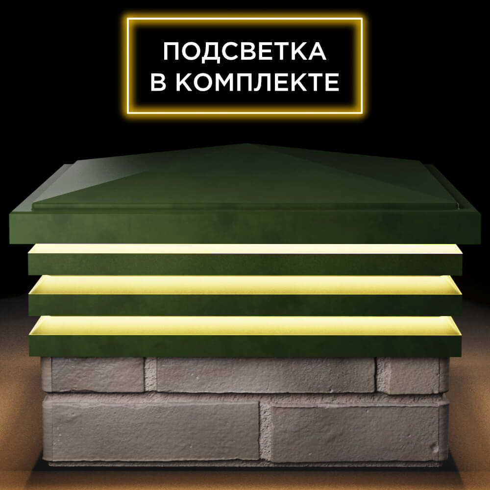 Колпак Zking Бона ХайТек Зеленый на столб 1.5х1.5 кирпича (385х385мм) с подсветкой Муром фото